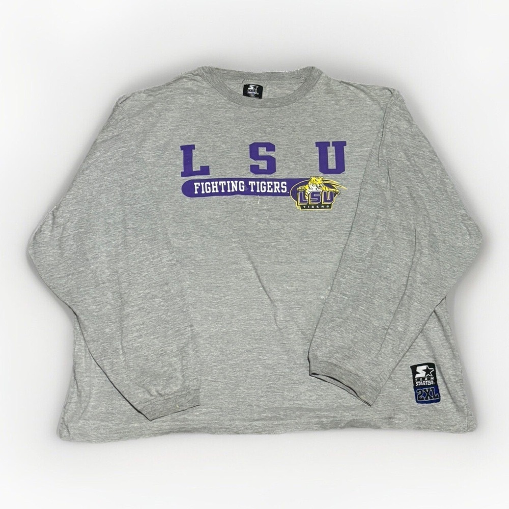 Size 2XL Starter LSU Tigers College Sports Shirt Gray Long Sleeve